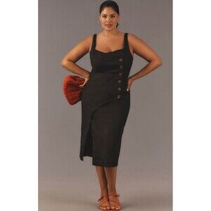 Anthropologie Midi Dress Black Sleeveless Linen Button Wrap Preppy 2X Plus NWT